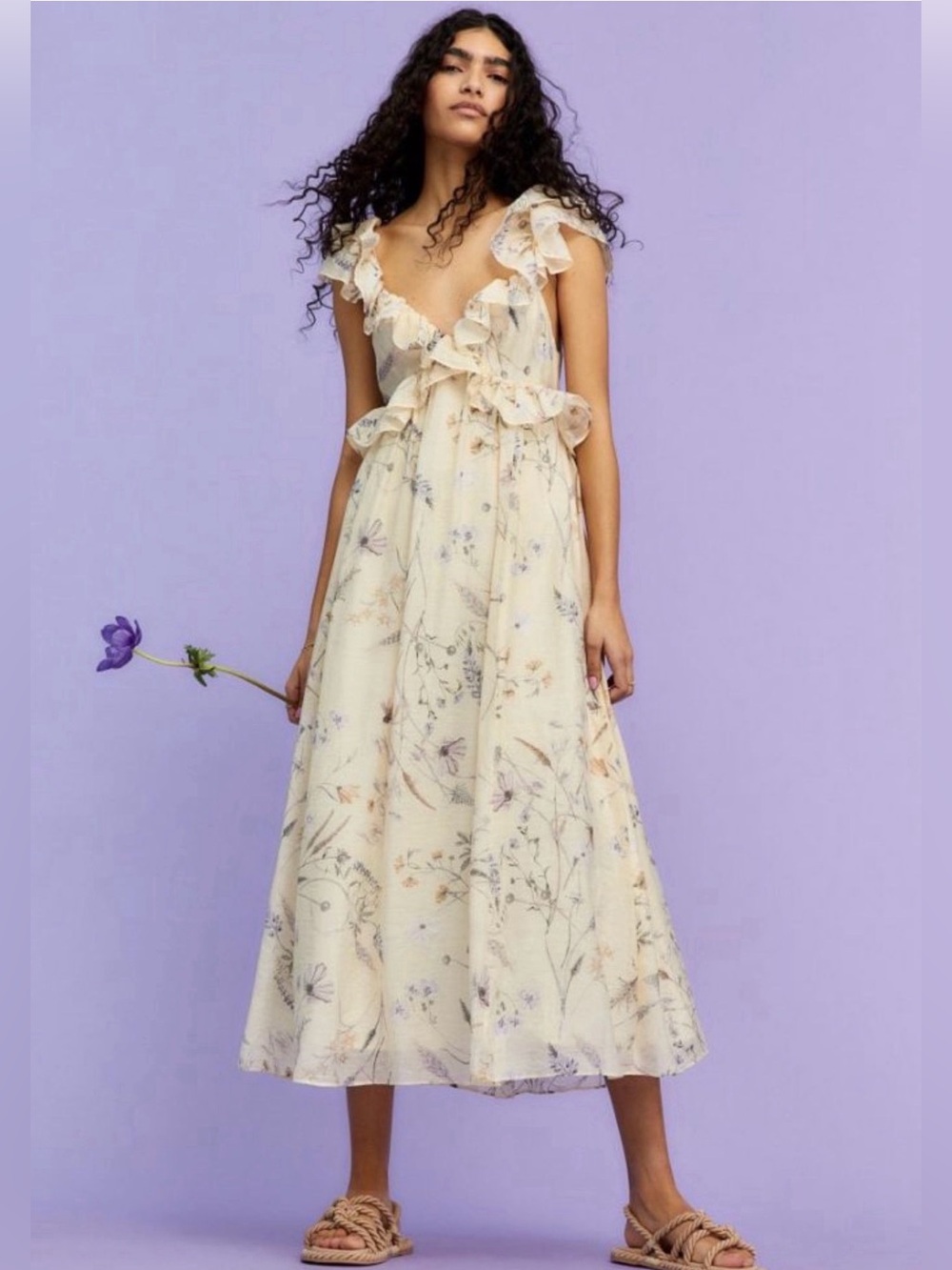 H&M Floral Yellow Cream CottageCore Flounced Trim Midi/Maxi Boho Dress M Wedding